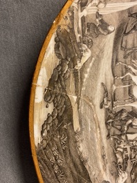 A Chinese grisaille 'Return from the hunt' dish with a coat of arms on the back, Qianlong