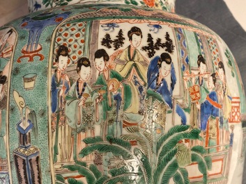 A pair of large Chinese famille verte vases and covers, Kangxi