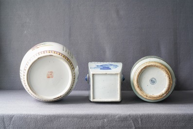 Three Chinese blue and white and famille rose vases, 19th C.