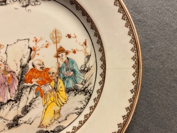 Seven Chinese famille rose plates with Luohan near a tiger, Qianlong