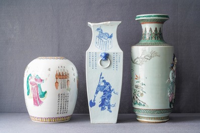 Three Chinese blue and white and famille rose vases, 19th C.