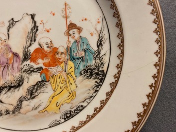Seven Chinese famille rose plates with Luohan near a tiger, Qianlong