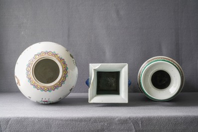 Three Chinese blue and white and famille rose vases, 19th C.