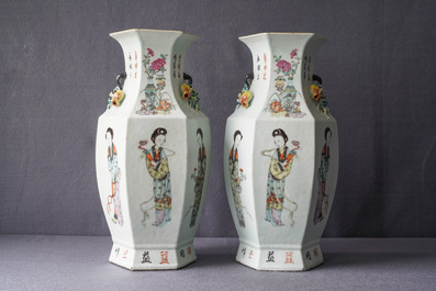 A pair of Chinese hexagonal qianjiang cai vases with ladies, 19/20th C.