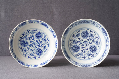 A pair of Chinese blue and white 'lotus scroll' plates, Guangxu mark and of the period