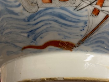 A rare Chinese verte-Imari bowl with a wrecked threemaster, Qianlong