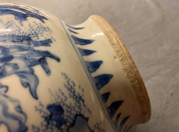 A rare Chinese blue and white censer with figures in a landscape, Transitional period