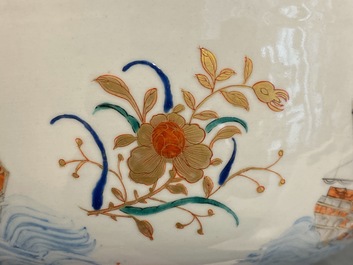 A rare Chinese verte-Imari bowl with a wrecked threemaster, Qianlong