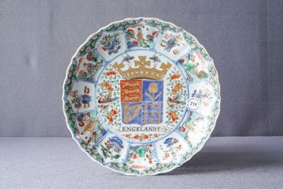 A Chinese famille verte 'Provinces' dish with the arms of England, Kangxi/Yongzheng