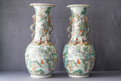 A pair of Chinese Canton famille verte vases with dragon handles, 19th C.