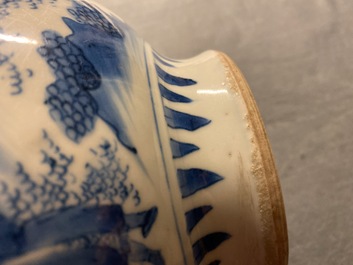 A rare Chinese blue and white censer with figures in a landscape, Transitional period