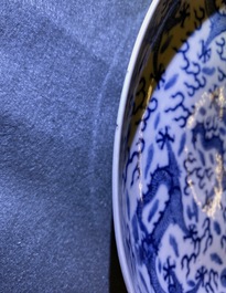 A pair of Chinese blue and white 'dragon' dishes, Kangxi mark, Guangxu