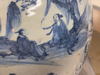 A Chinese blue and white vase and cover with figural design, Wanli