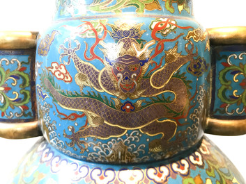 A large Chinese cloisonn&eacute; hu vase with lotus scrolls, marked Qi Yu Bao Tung Chih Chen, 19th C.