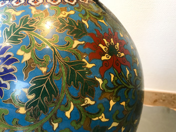 A large Chinese cloisonn&eacute; hu vase with lotus scrolls, marked Qi Yu Bao Tung Chih Chen, 19th C.
