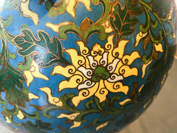 A large Chinese cloisonn&eacute; hu vase with lotus scrolls, marked Qi Yu Bao Tung Chih Chen, 19th C.