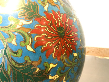 A large Chinese cloisonn&eacute; hu vase with lotus scrolls, marked Qi Yu Bao Tung Chih Chen, 19th C.