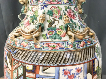 A pair of large Chinese famille rose court scene vases, 19th C.