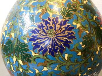 A large Chinese cloisonn&eacute; hu vase with lotus scrolls, marked Qi Yu Bao Tung Chih Chen, 19th C.