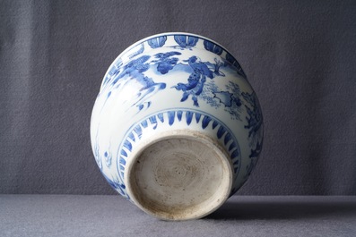 A rare Chinese blue and white censer with figures in a landscape, Transitional period