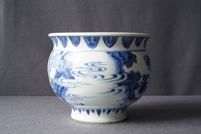 A rare Chinese blue and white censer with figures in a landscape, Transitional period