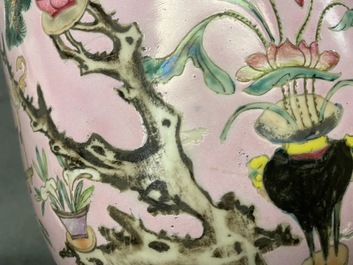 A Chinese famille rose pink-ground rouleau vase, 19th C.