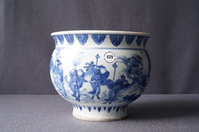 Een zeldzame Chinese blauw-witte wierookbrander met figuren in een landschap, Transitie periode