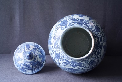 A Chinese blue and white vase and cover with figural design, Wanli