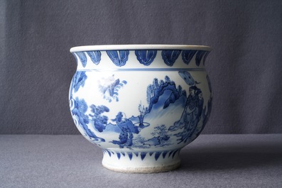 A rare Chinese blue and white censer with figures in a landscape, Transitional period