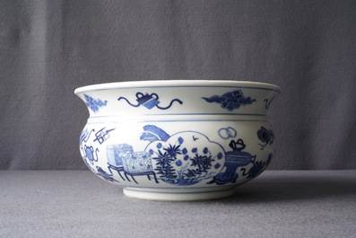 A Chinese blue and white censer with antiquities, Kangxi