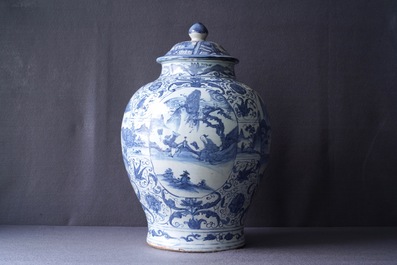 A Chinese blue and white vase and cover with figural design, Wanli