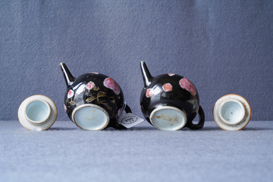 A pair of Chinese famille rose black-ground teapots and covers, Yongzheng/Qianlong