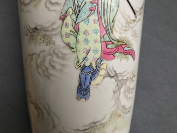 A pair of Chinese famille rose rouleau vases, four-character mark, 20th C.