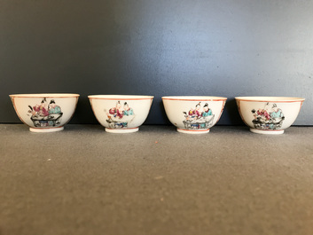 Four Chinese famille rose 'mandarin' cups and saucers, Qianlong