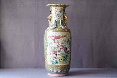 A Chinese brown- and celadon-ground famille rose vase, 19th C.