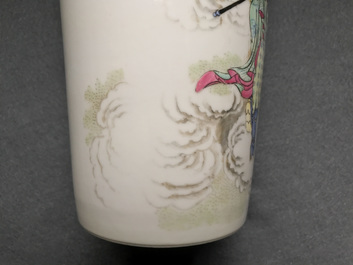 A pair of Chinese famille rose rouleau vases, four-character mark, 20th C.