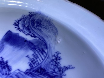 Two Chinese blue and white 'river landscape' dishes, Kangxi/Yongzheng
