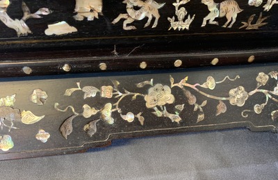 A large Chinese mother-of-pearl-inlaid wooden screen with silk embroidery, 19th C.