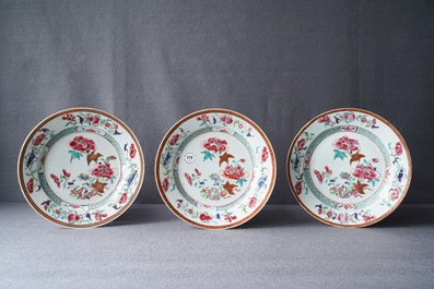 Ten Chinese famille rose 'peony' plates, Qianlong