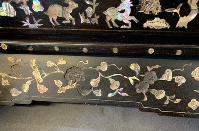 A large Chinese mother-of-pearl-inlaid wooden screen with silk embroidery, 19th C.