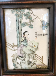 Une armoire en bois sculpt&eacute; orn&eacute;e de 23 plaques en porcelaine de Chine qianjiang cai, 19/20&egrave;me