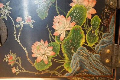 Two Chinese famille rose landscape plaques in a lacquered chest, marked Wang Yeting, 19/20th C.