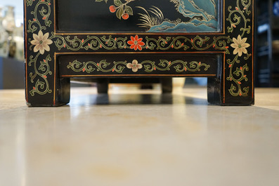 Two Chinese famille rose landscape plaques in a lacquered chest, marked Wang Yeting, 19/20th C.