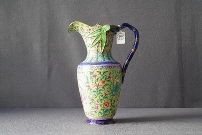 A Chinese Canton enamel lime green-ground ewer and basin, four-character mark, Qianlong/Jiaqing