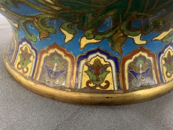 A large Chinese cloisonn&eacute; hu vase with lotus scrolls, marked Qi Yu Bao Tung Chih Chen, 19th C.