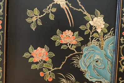 Two Chinese famille rose landscape plaques in a lacquered chest, marked Wang Yeting, 19/20th C.