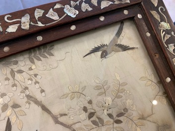 A Chinese mother-of-pearl-inlaid wooden screen with silk embroidery, 19th C.