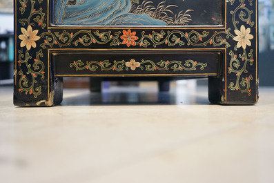 Two Chinese famille rose landscape plaques in a lacquered chest, marked Wang Yeting, 19/20th C.