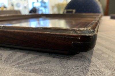 Two Chinese carved wooden trays and a stand, 18/19th C.