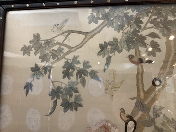 A large Chinese mother-of-pearl-inlaid wooden screen with silk embroidery, 19th C.